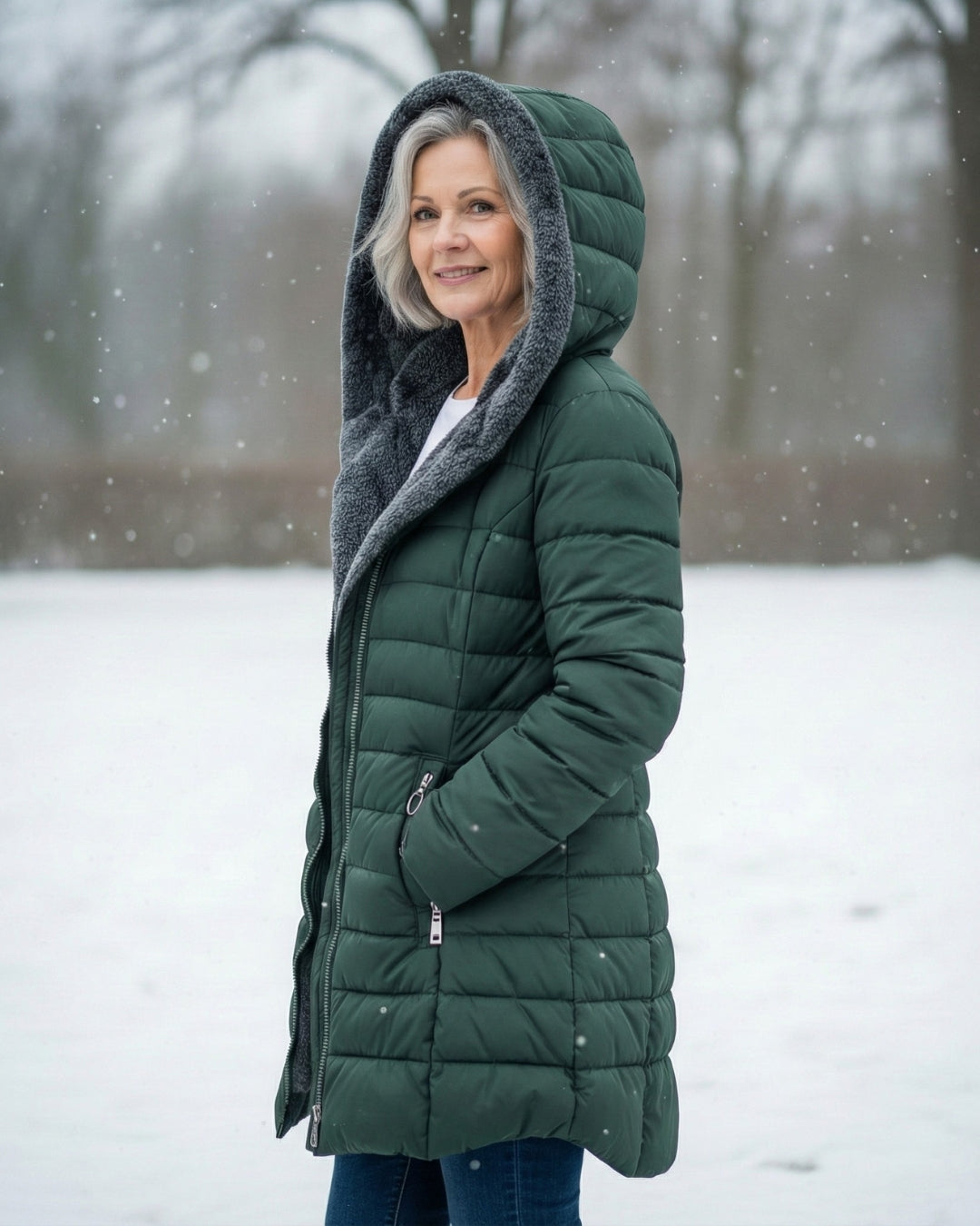 Dark green Lumina Wear fleece-lined puffer jacket, elegant fit, lightweight winter coat with a flattering silhouette.