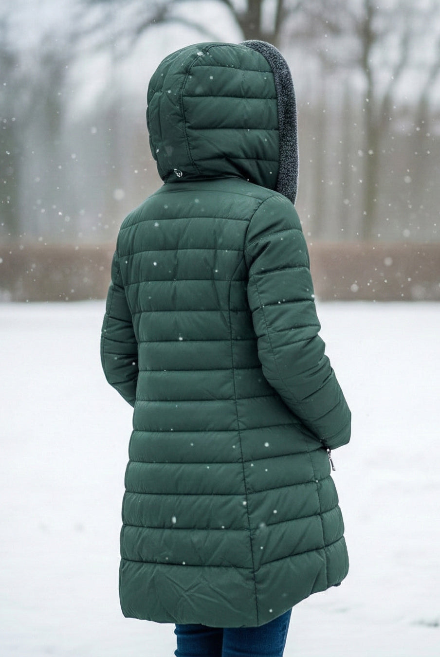 Dark green Lumina Wear fleece-lined puffer jacket featuring a flattering fit and elegant style, ideal for cold weather.