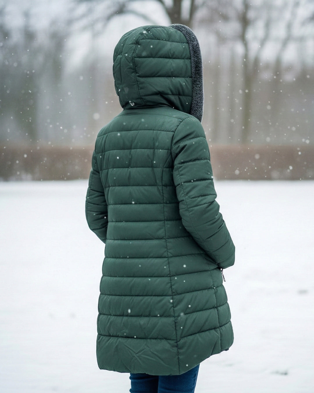 Dark green Lumina Wear fleece-lined puffer jacket featuring a flattering fit and elegant style, ideal for cold weather.
