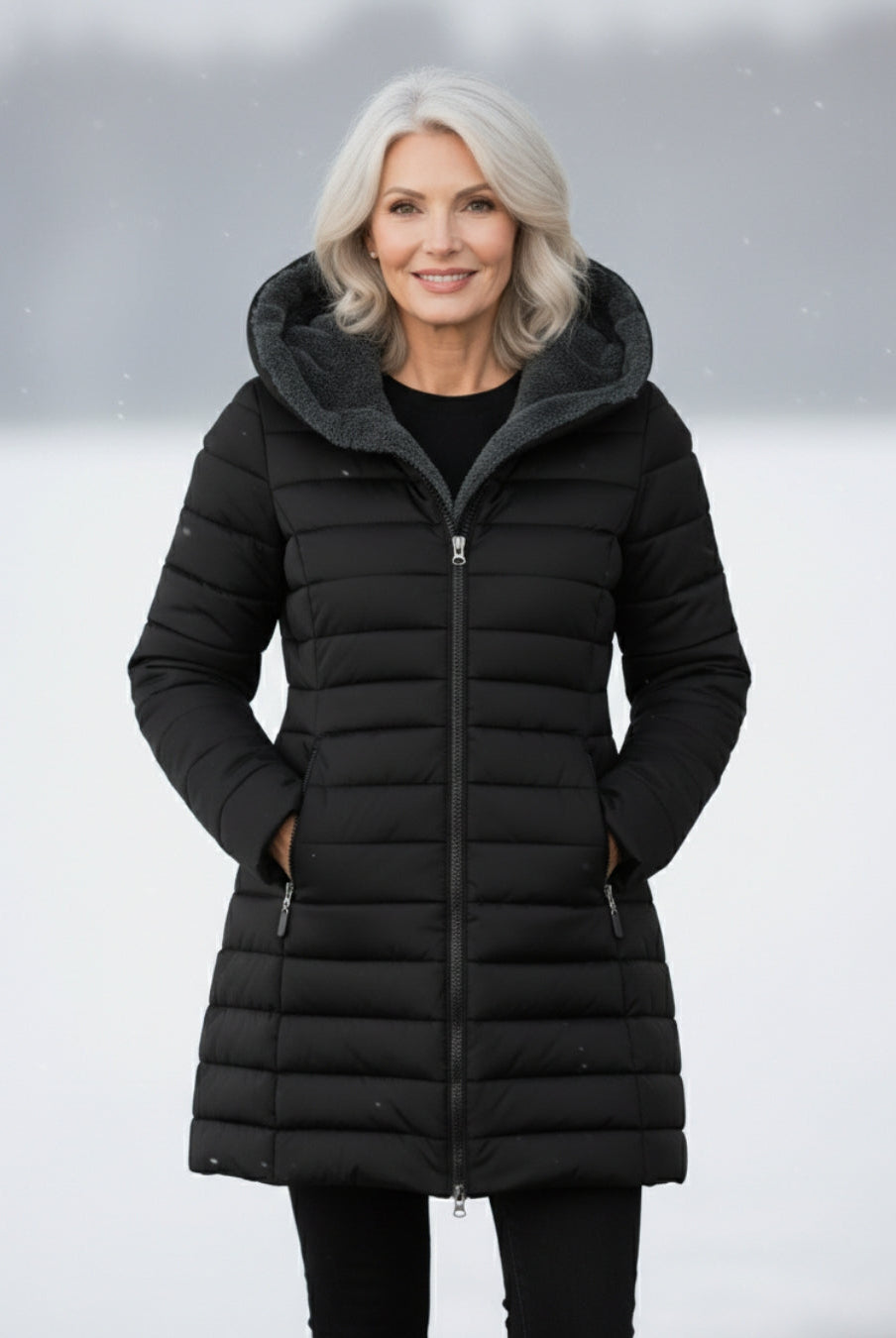Dark green Lumina Wear Grace fleece-lined puffer jacket with a flattering fit, stylish and warm winter outerwear.
