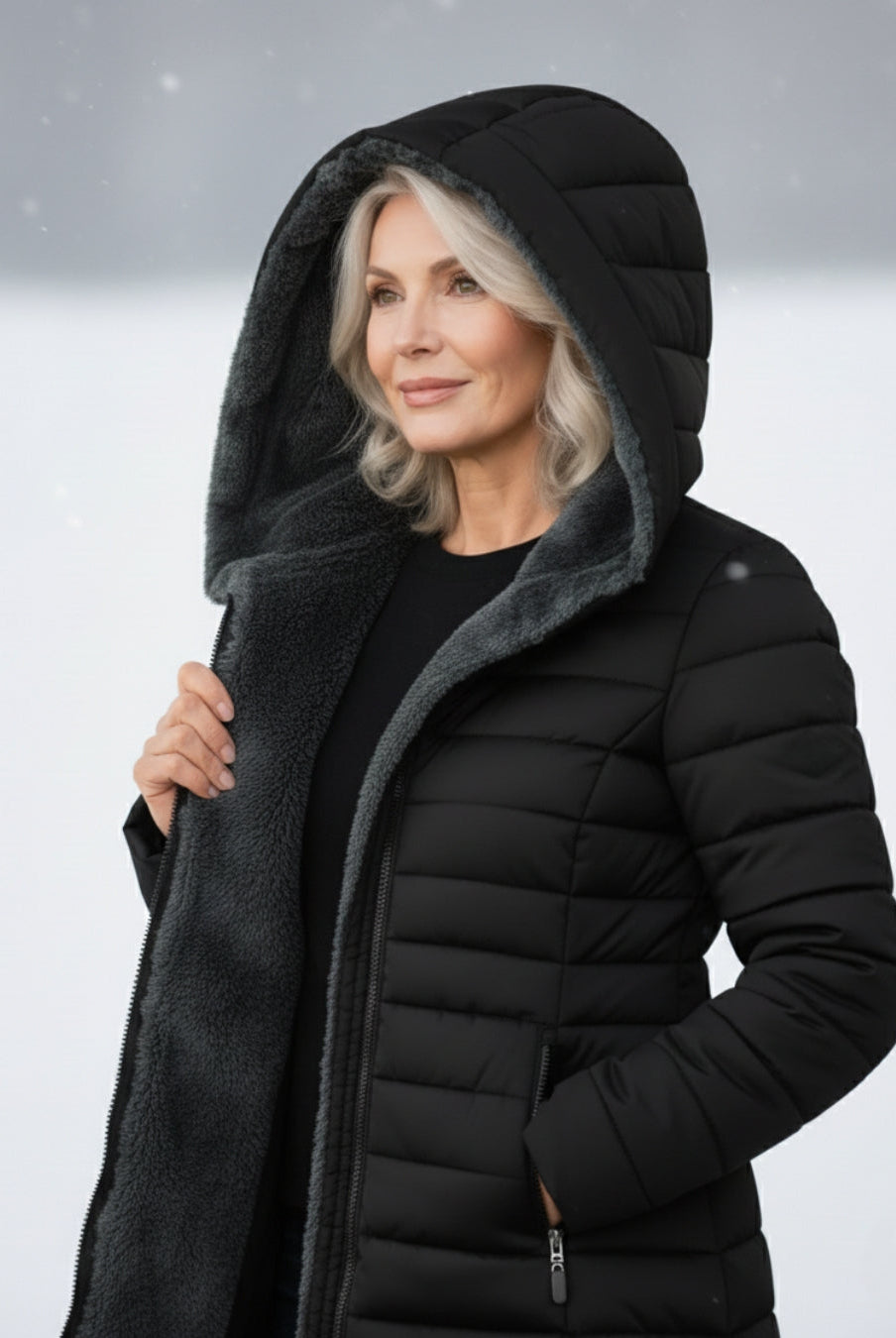 Dark green Lumina Wear Grace fleece-lined puffer jacket with a flattering fit, showcasing its stylish quilted design and cozy interior.
