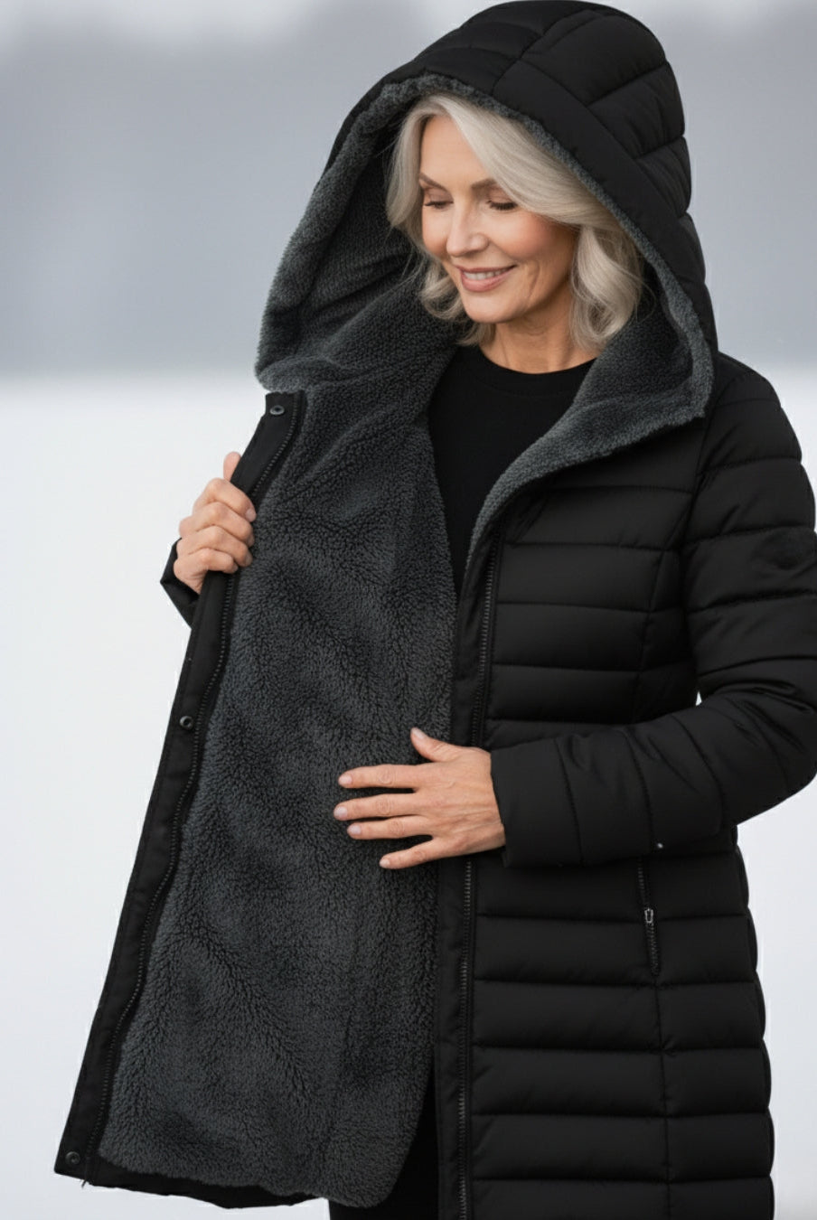 Dark green Lumina Wear Grace fleece-lined puffer jacket with a flattering fit, shown on a model highlighting its stylish design.