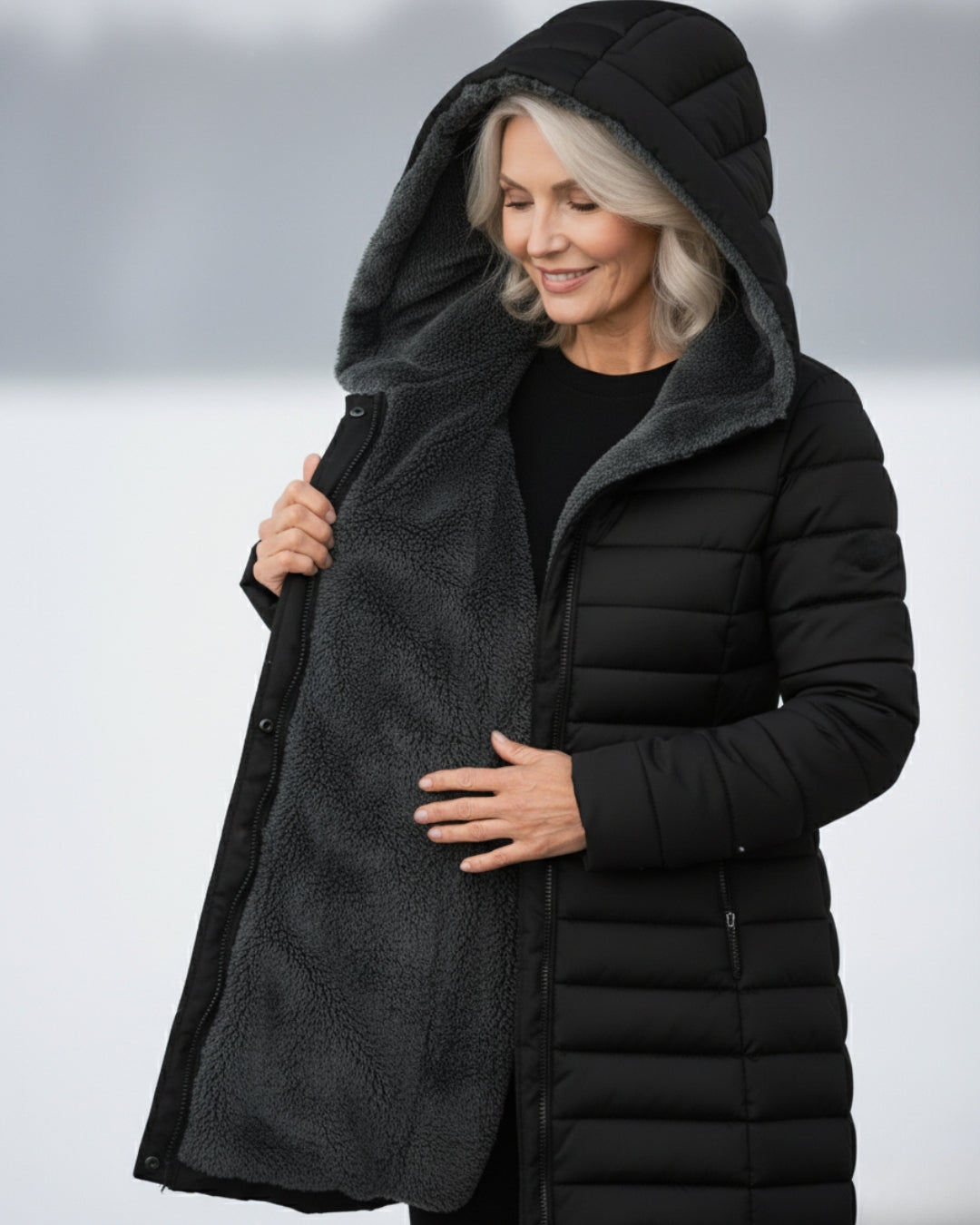 Dark green Lumina Wear Grace fleece-lined puffer jacket with a flattering fit, shown on a model highlighting its stylish design.