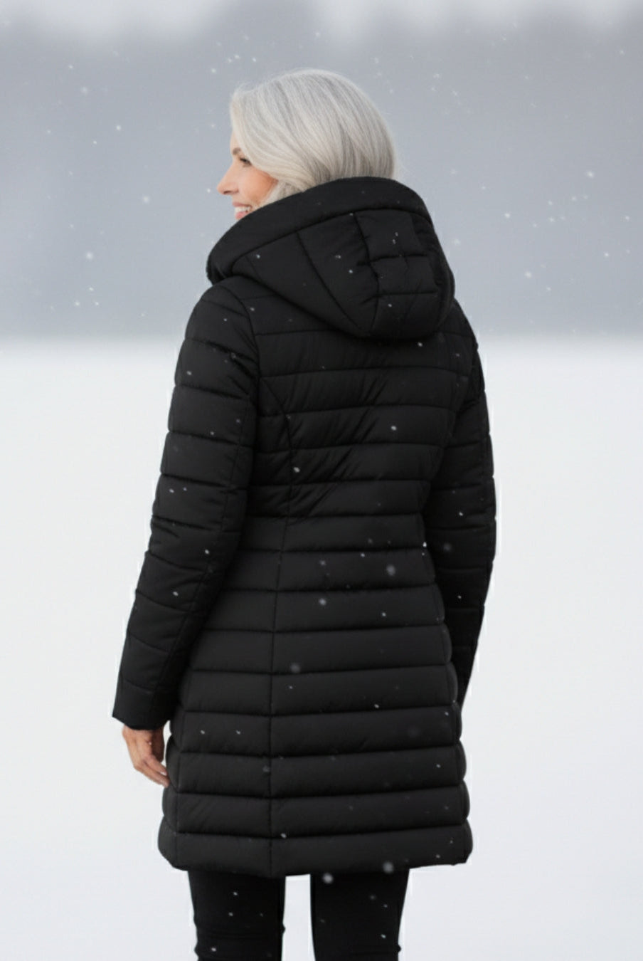 Dark green Lumina Wear Grace fleece-lined puffer jacket with a flattering fit, shown on a model in a full front view.