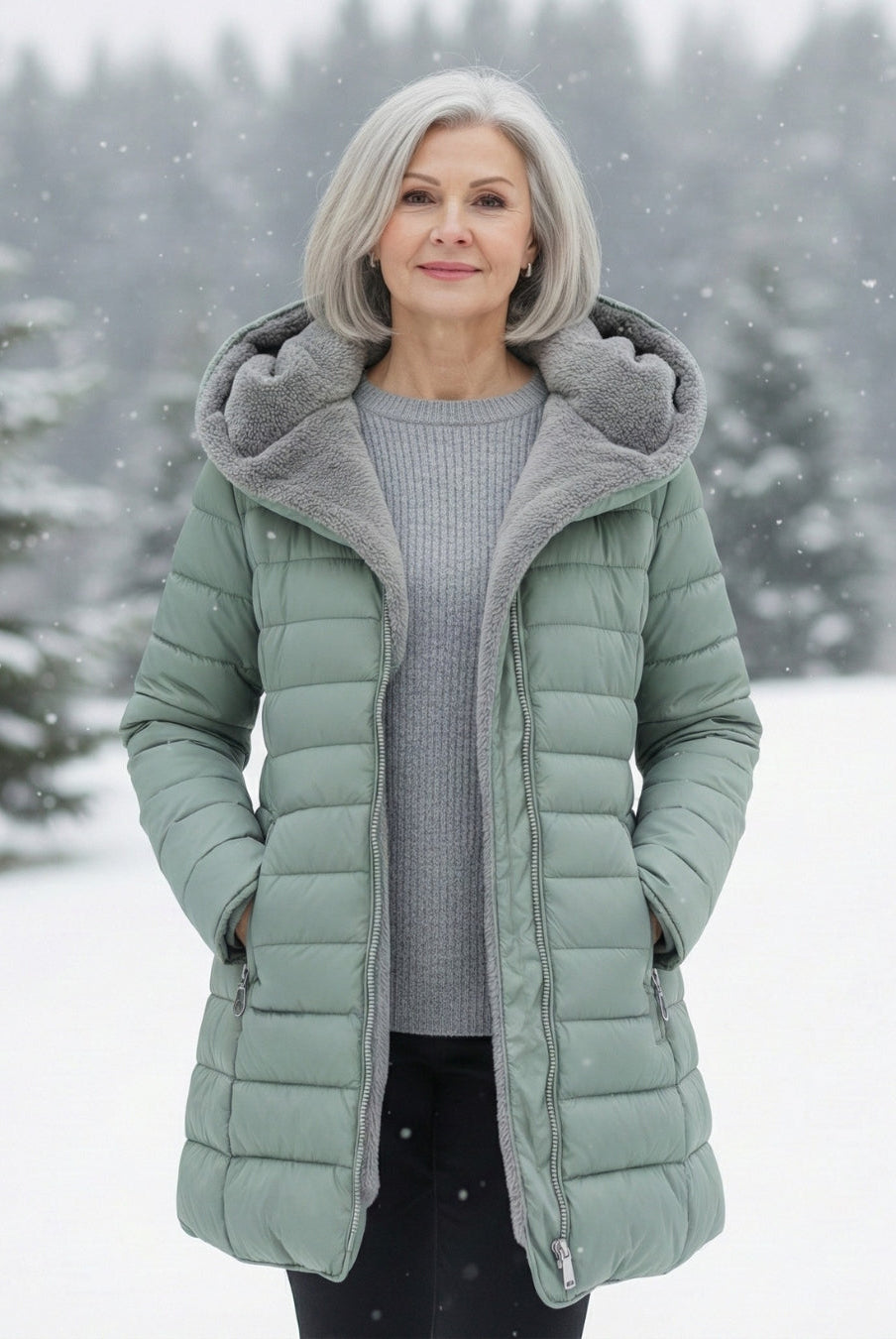 Dark green Lumina Wear Grace fleece-lined puffer jacket with a flattering fit, showcasing its stylish and cozy winter design.