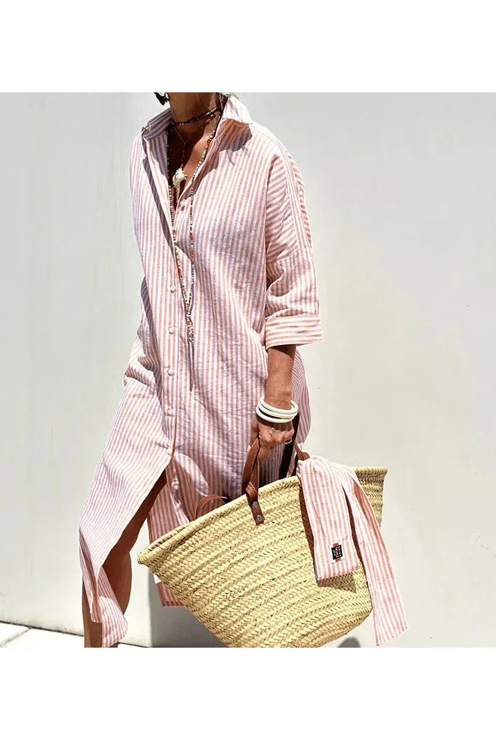 Pink GRACE™ elegant striped shirt dress by Lumina Vancouver, showing the stylish collar, button front, and relaxed fit.