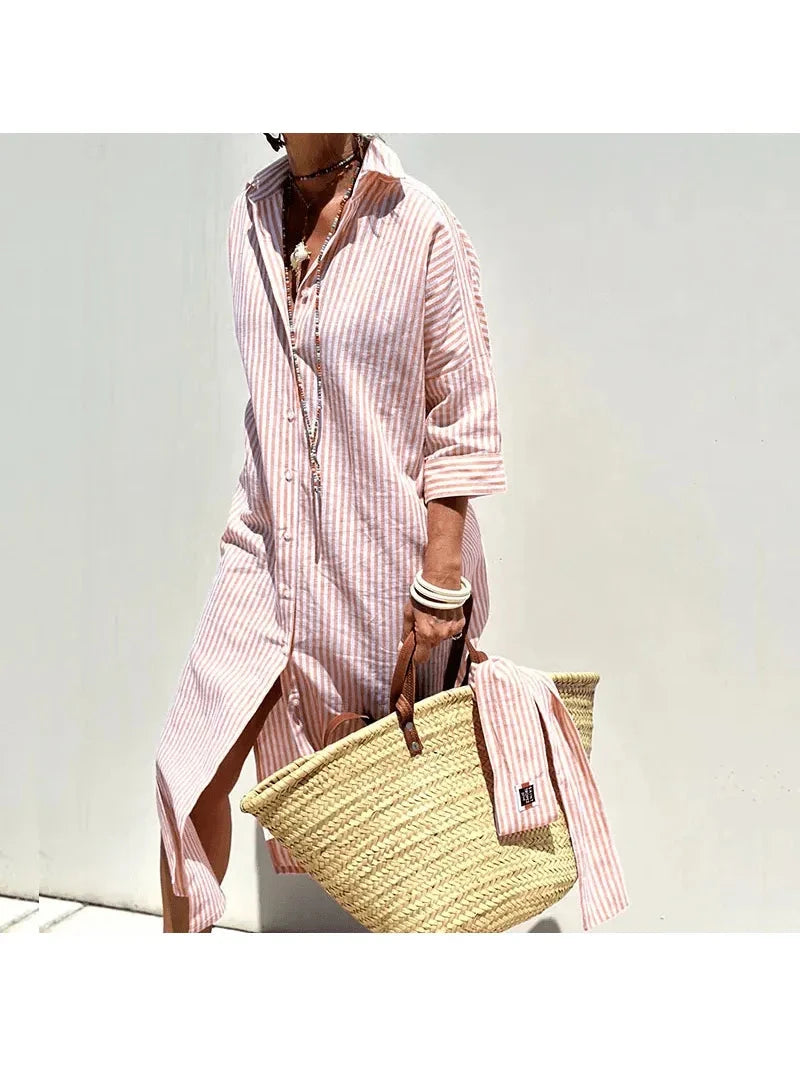 Pink GRACE™ elegant striped shirt dress by Lumina Vancouver, showing the stylish collar, button front, and relaxed fit.