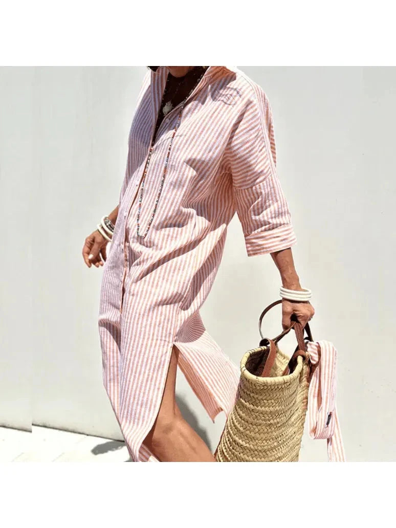 Pink GRACE™ Elegant Striped Shirt Dress by Lumina Vancouver, featuring classic design and comfortable fit.