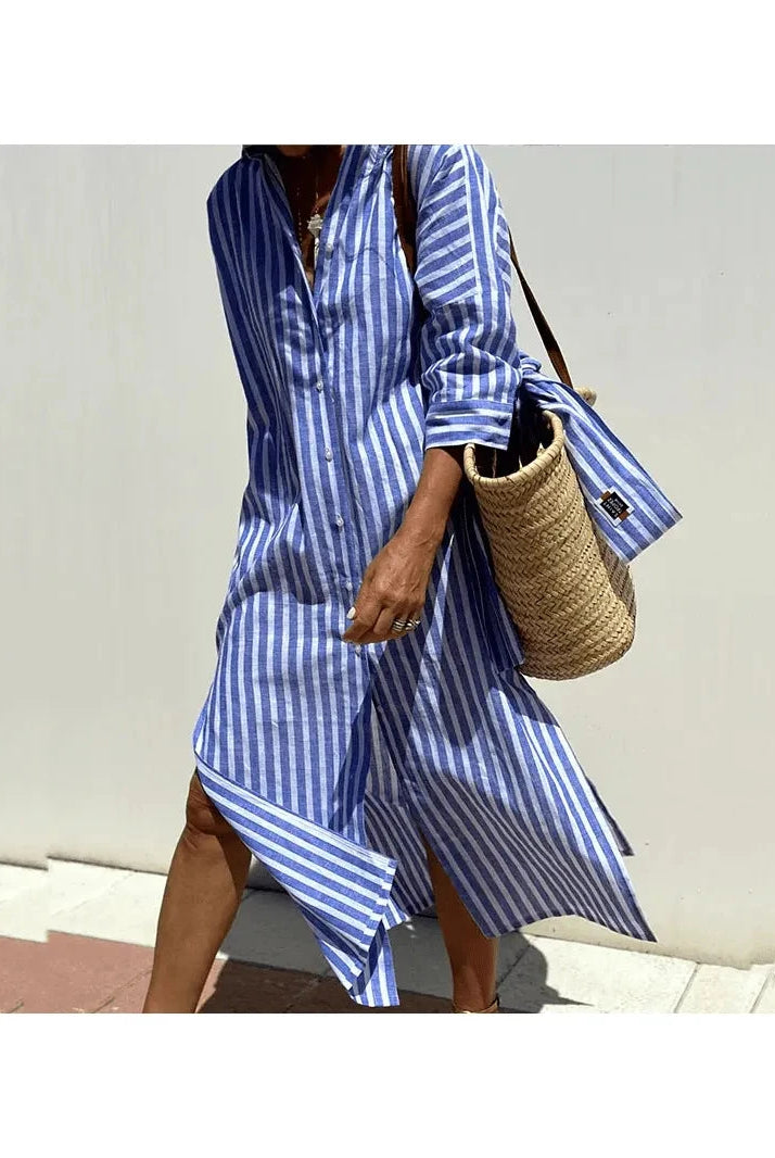 Pink GRACE™ Elegant Striped Shirt Dress by Lumina Vancouver, stylish and comfortable for casual or semi-formal wear.