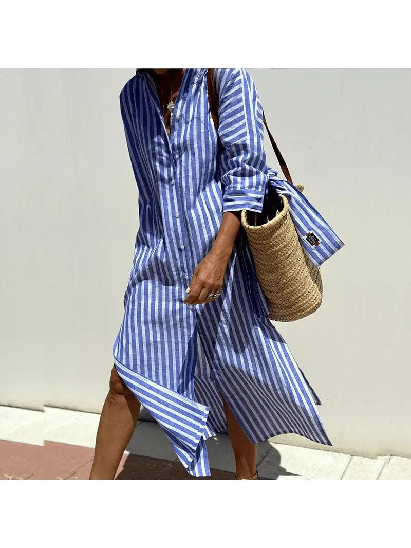 Pink GRACE™ Elegant Striped Shirt Dress by Lumina Vancouver, stylish and comfortable for casual or semi-formal wear.