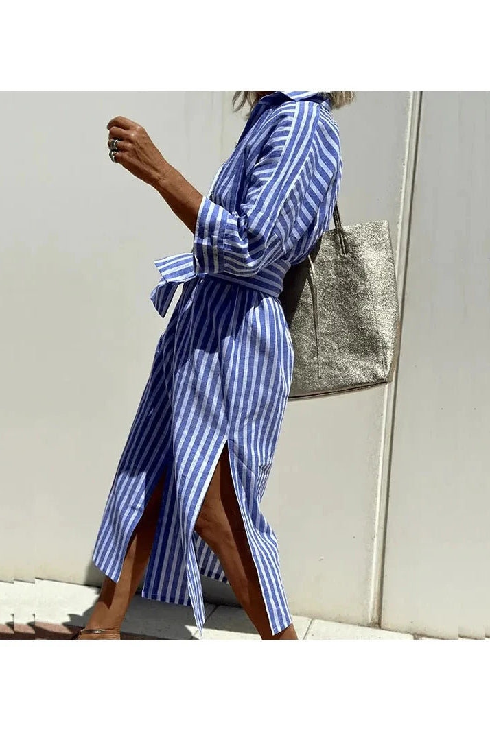 Pink Grace™ striped shirt dress by Lumina Vancouver, featuring a stylish fit and elegant design, perfect for casual or dressy occasions.