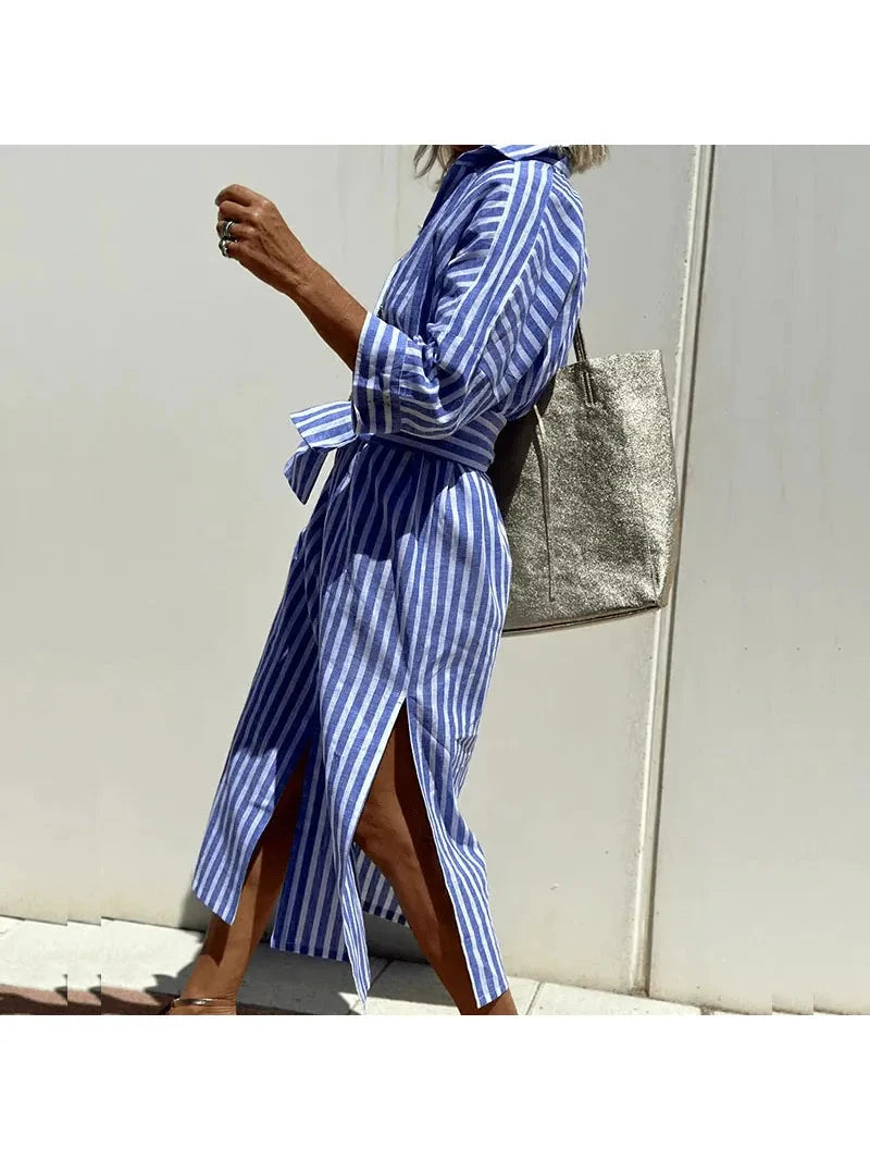 Pink Grace™ striped shirt dress by Lumina Vancouver, featuring a stylish fit and elegant design, perfect for casual or dressy occasions.