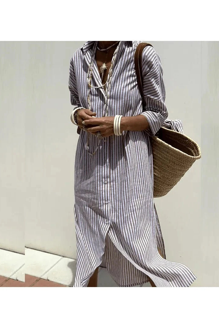 Pink GRACE™ Elegant Striped Shirt Dress by Lumina Vancouver, featuring a stylish button-up design and classic collar.