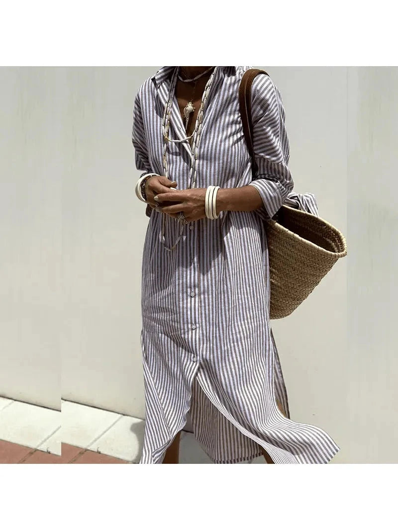 Pink GRACE™ Elegant Striped Shirt Dress by Lumina Vancouver, featuring a stylish button-up design and classic collar.