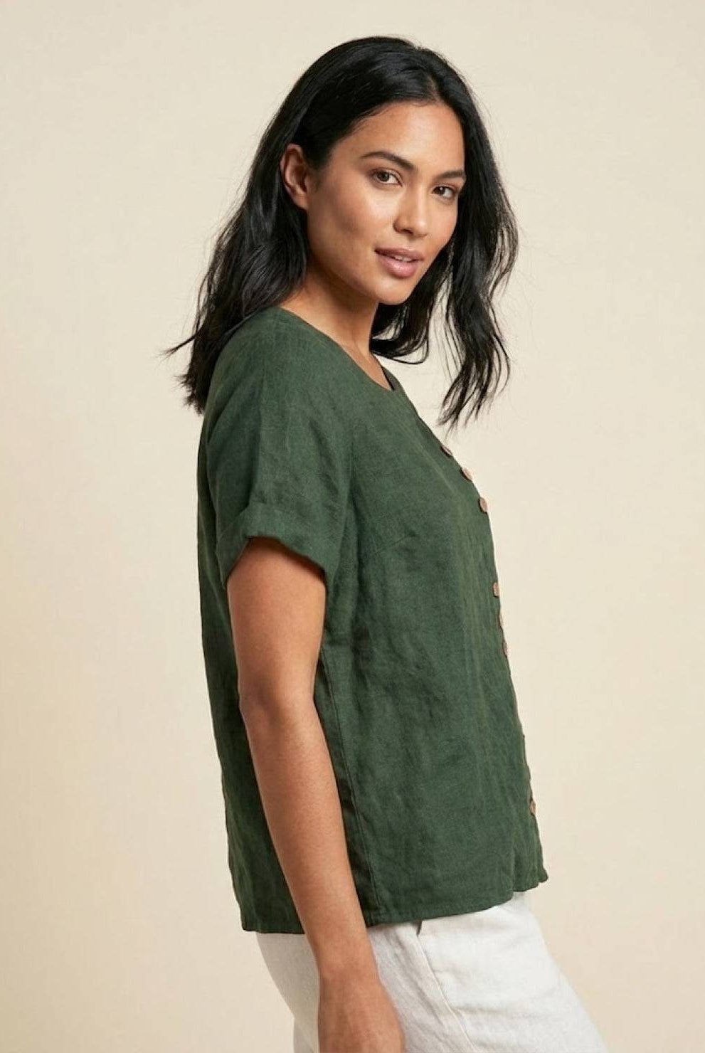 Army green Lumina Wear Grace relaxed linen blouse with button detail, featuring a casual fit and lightweight fabric.