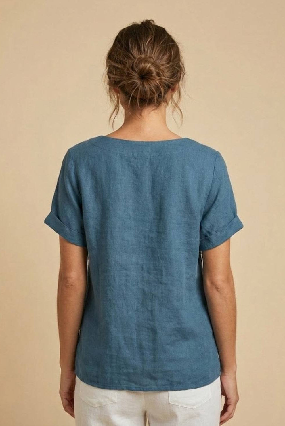 Army green Lumina Wear Grace relaxed linen blouse with button details, short sleeves, and a casual, comfortable fit.