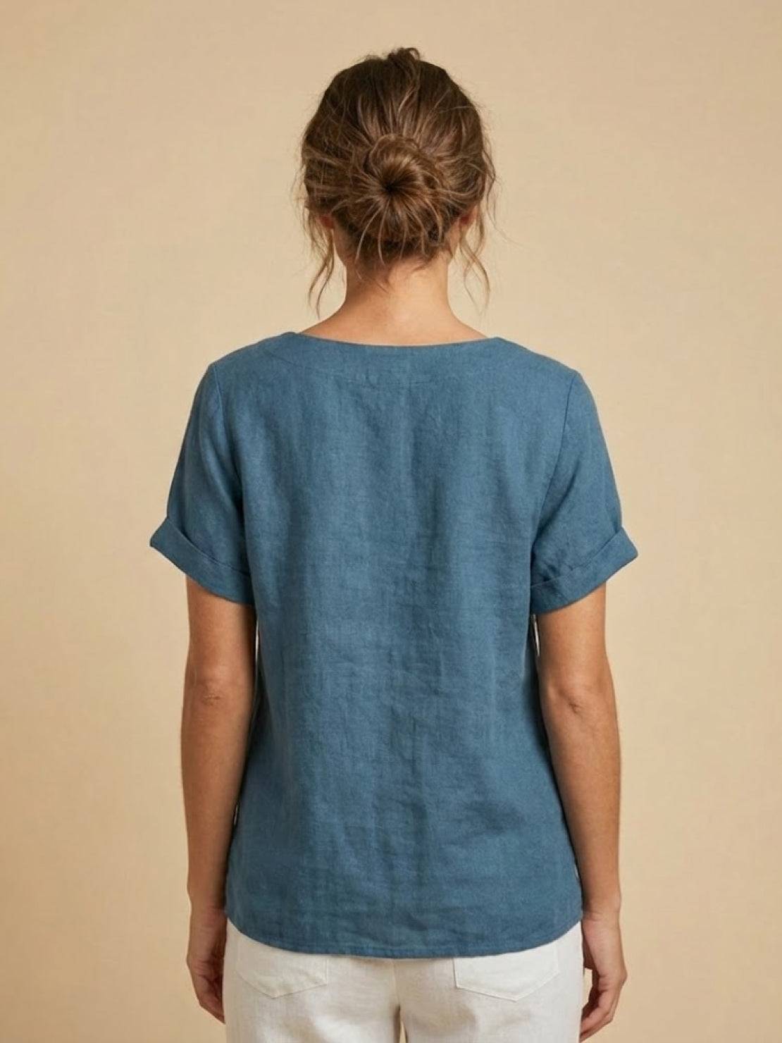 Army green Lumina Wear Grace relaxed linen blouse with button details, short sleeves, and a casual, comfortable fit.
