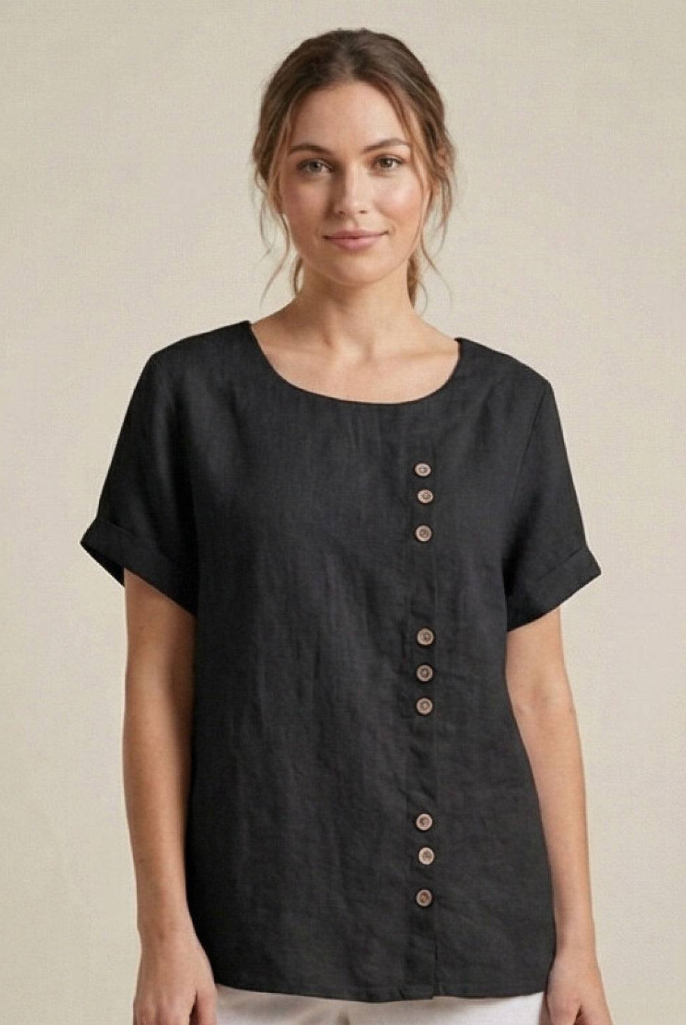 Lumina Wear Grace relaxed linen blouse with button detail in army green, featuring a casual, comfortable fit and stylish design.