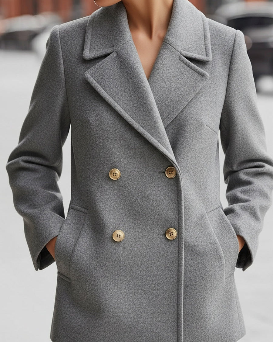 Grey double-breasted wool blend blazer by Lumina Wear, shown on a model, featuring tailored fit and classic lapels.
