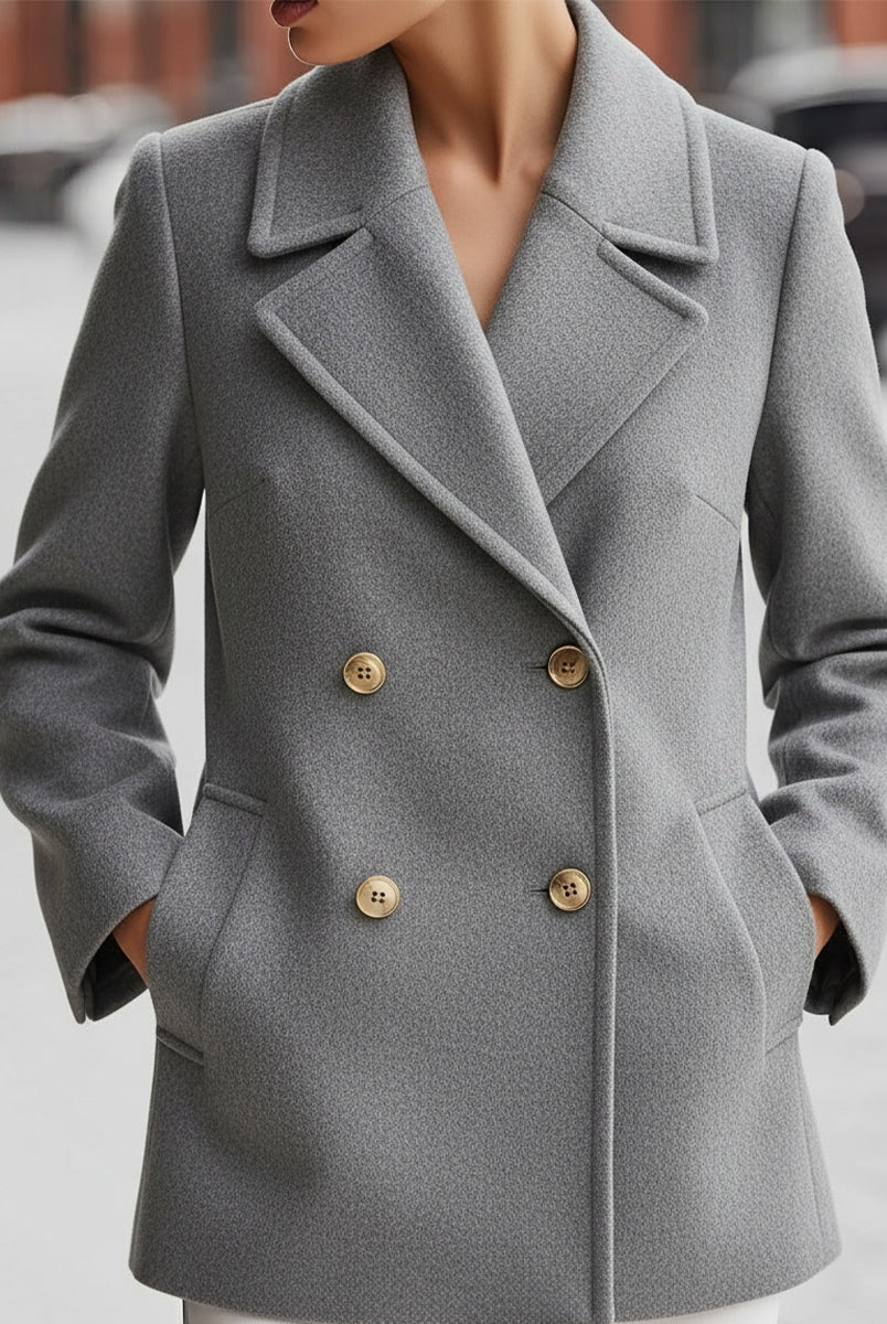 Grey double-breasted wool blend blazer by Lumina Wear, shown on a model, featuring tailored fit and classic lapels.
