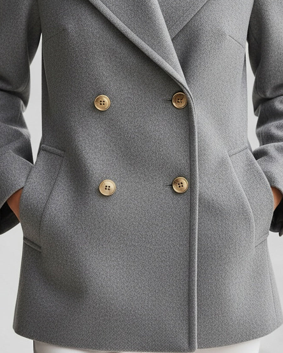 Grey double-breasted wool blend blazer by Lumina Wear, tailored fit with classic lapels and structured design.