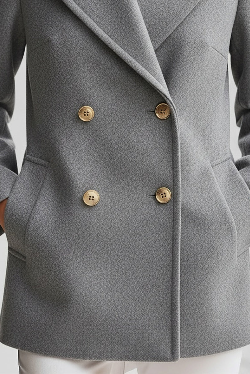 Grey double-breasted wool blend blazer by Lumina Wear, tailored fit with classic lapels and structured design.