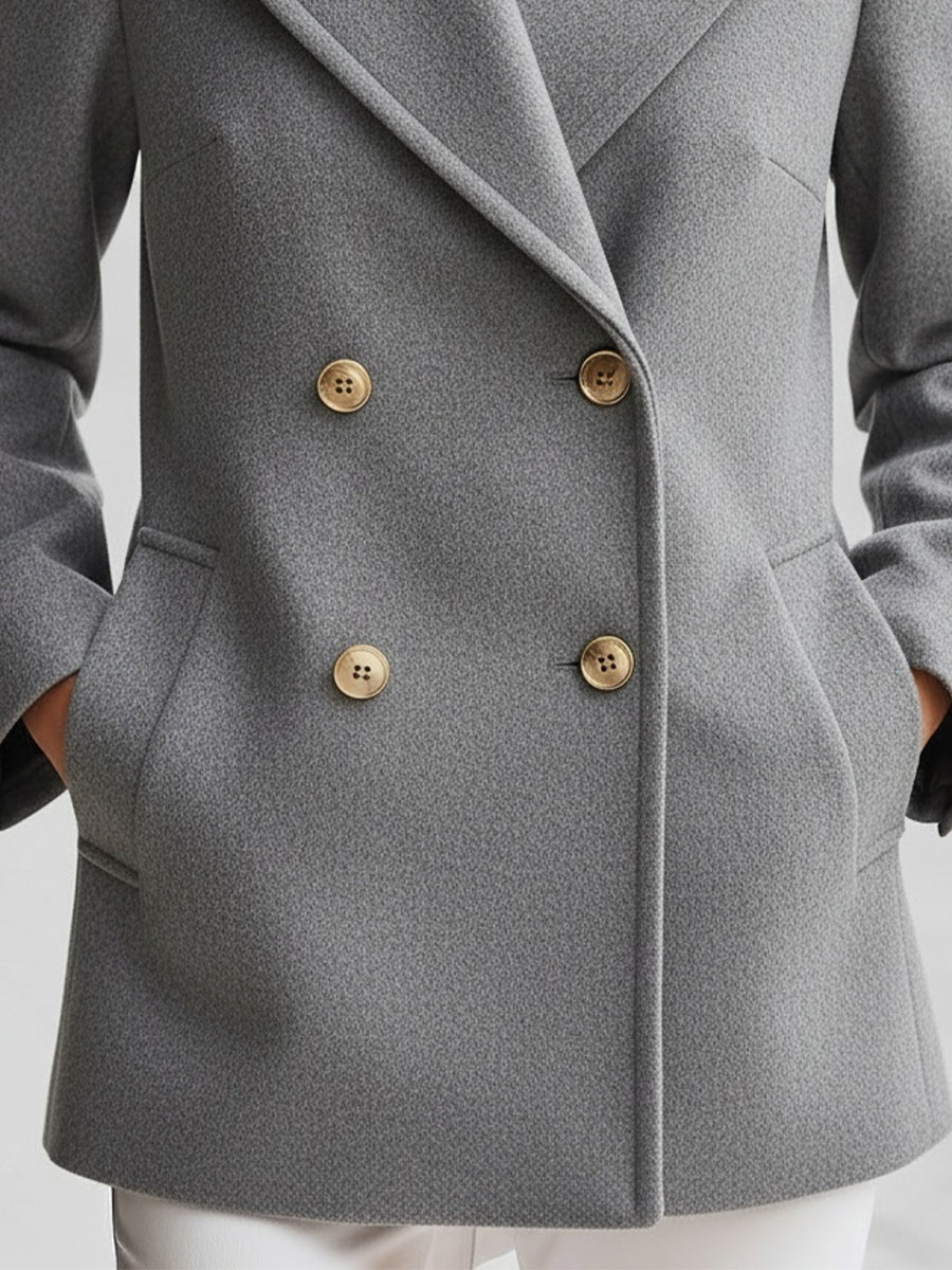 Grey double-breasted wool blend blazer by Lumina Wear, tailored fit with classic lapels and structured design.