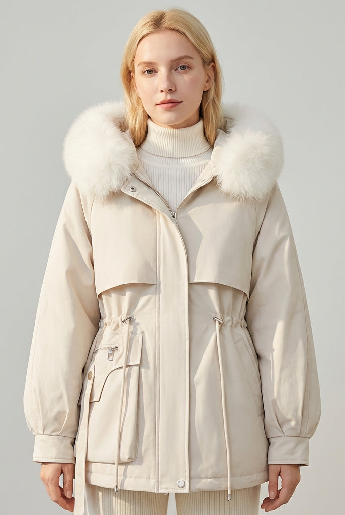 Beige Hailey Lumina Wear cozy faux-fur trimmed utility parka jacket with hood and multiple pockets, perfect for cold weather.