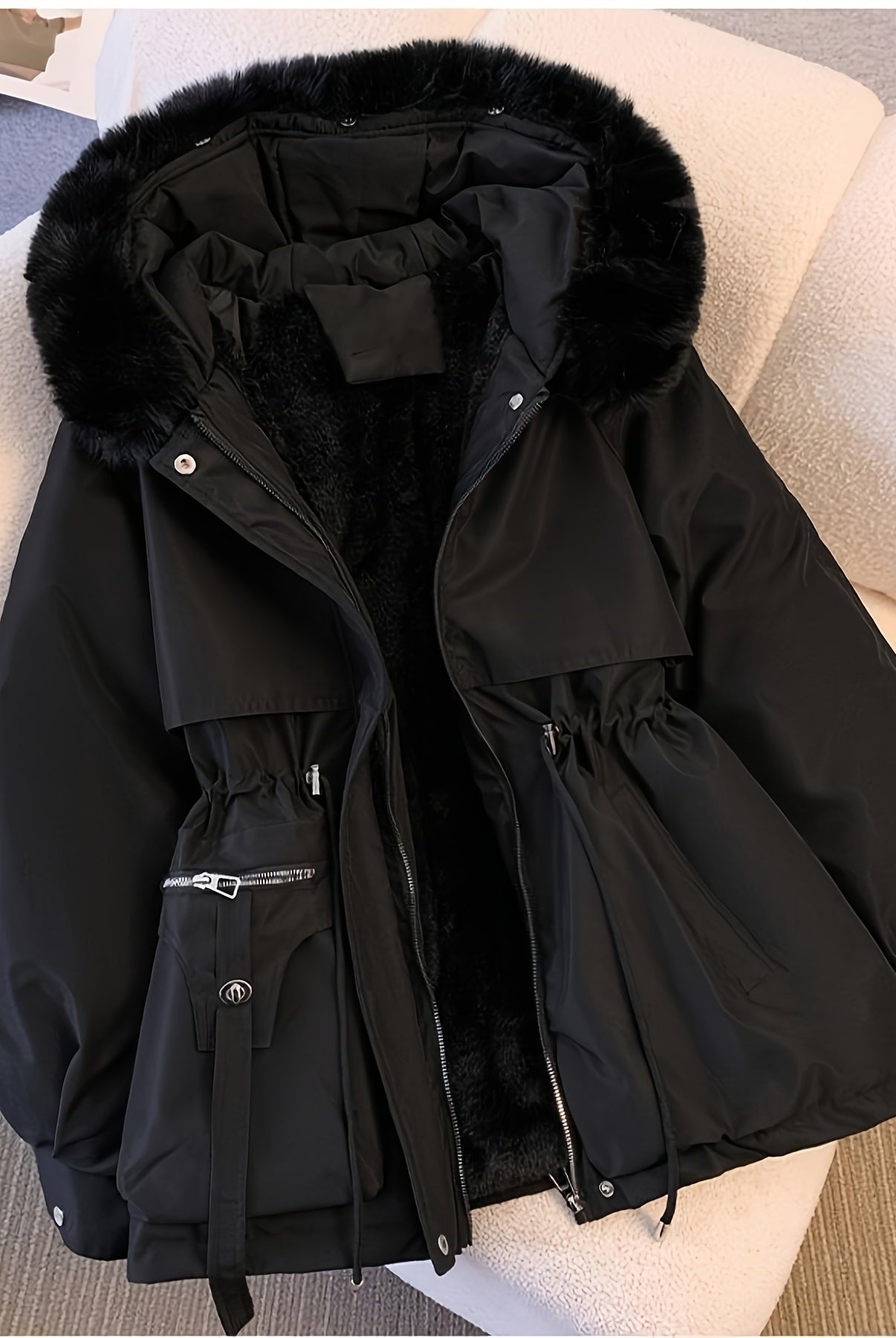 Beige Hailey Lumina Wear utility parka jacket with cozy faux-fur trim, featuring a warm, stylish winter coat for women.