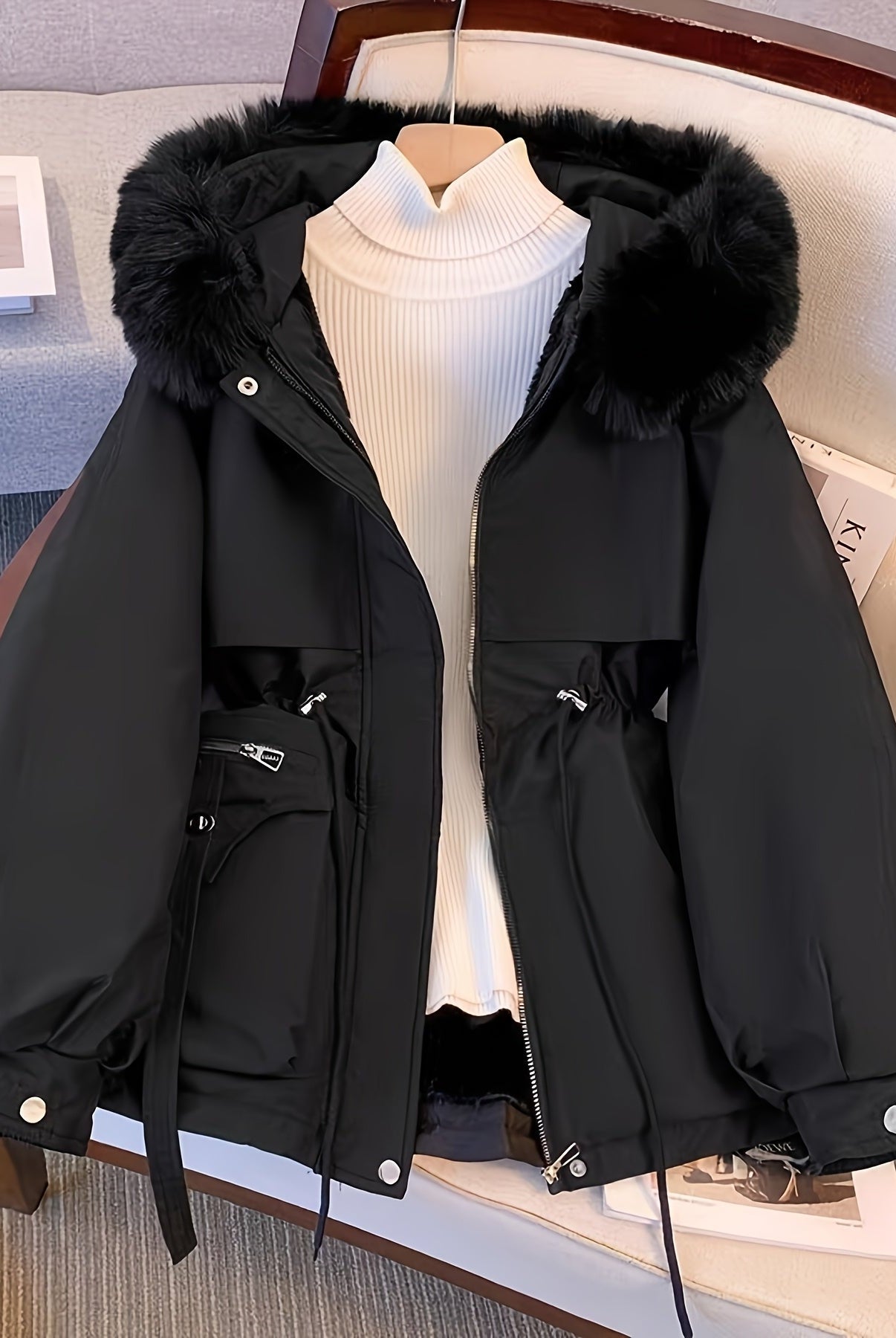 Beige Hailey Lumina Wear utility parka jacket with cozy faux-fur trim, featuring practical design and warm winter style.