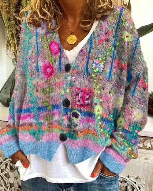 Blue Hailey retro faux wool cardigan sweater by Lumina Wear, featuring a classic knit design and cozy fit.