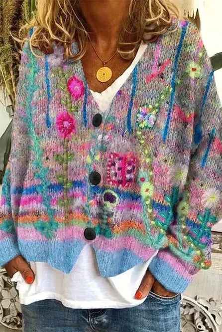 Blue Hailey retro faux wool cardigan sweater by Lumina Wear, featuring a classic knit design and cozy fit.