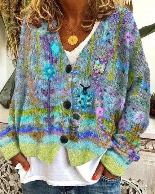 Blue Hailey retro faux wool cardigan by Lumina Wear, stylish sweater with vintage-inspired knit and cozy texture.