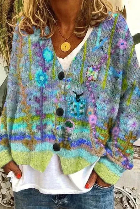 Blue Hailey retro faux wool cardigan by Lumina Wear, stylish sweater with vintage-inspired knit and cozy texture.