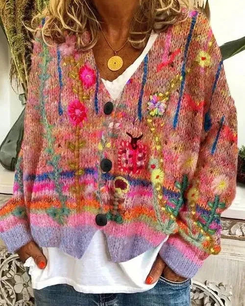 Blue Hailey retro faux wool cardigan by Lumina Wear, stylish sweater with a cozy, vintage-inspired design and button-up front.