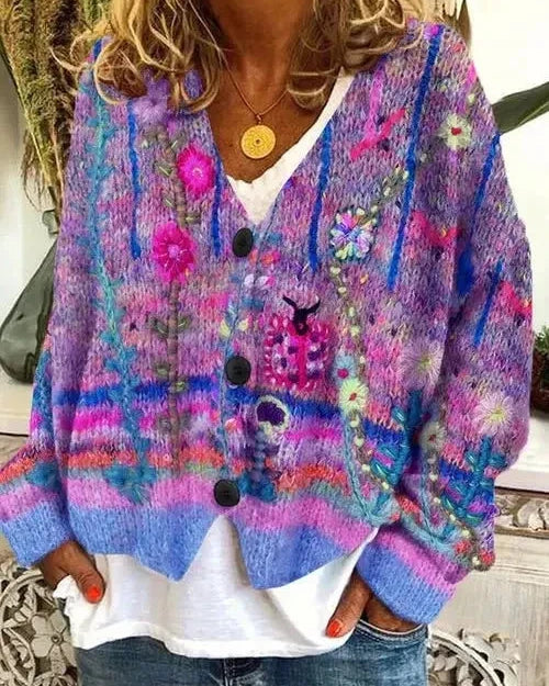 Blue Hailey retro faux wool cardigan sweater by Lumina Wear, featuring a classic design and cozy knit texture.
