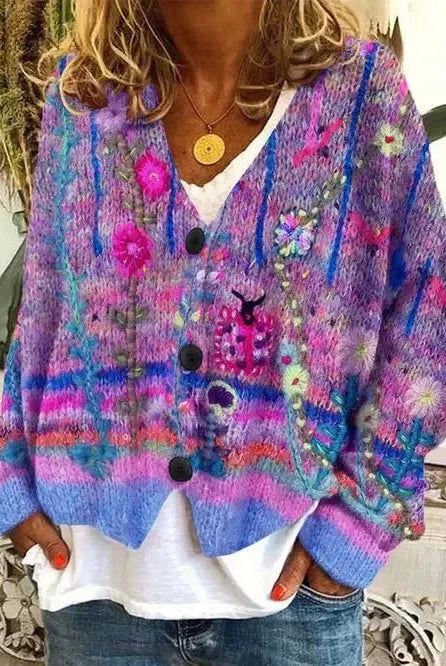 Blue Hailey retro faux wool cardigan sweater by Lumina Wear, featuring a classic design and cozy knit texture.
