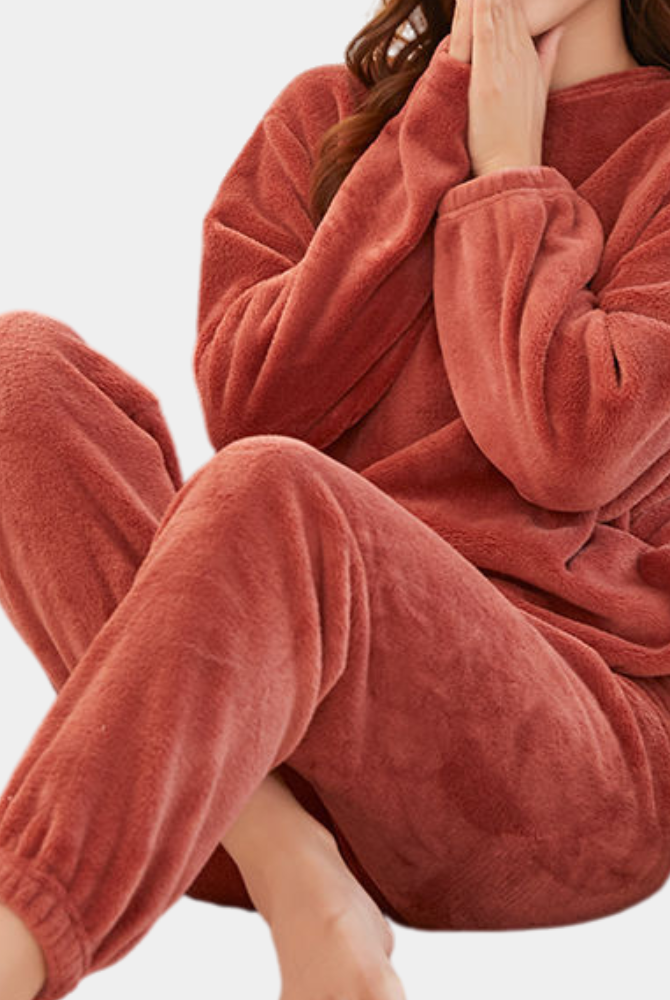 Lumina Wear Hailey ultra-soft fleece lounge set in brown, relaxed fit loungewear for comfortable home wear.