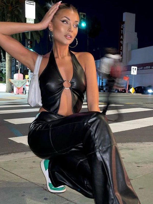 Black halter faux leather backless corset tank with metal ring hollow-out design by Lumina Vancouver, stylish and edgy women's tank top.