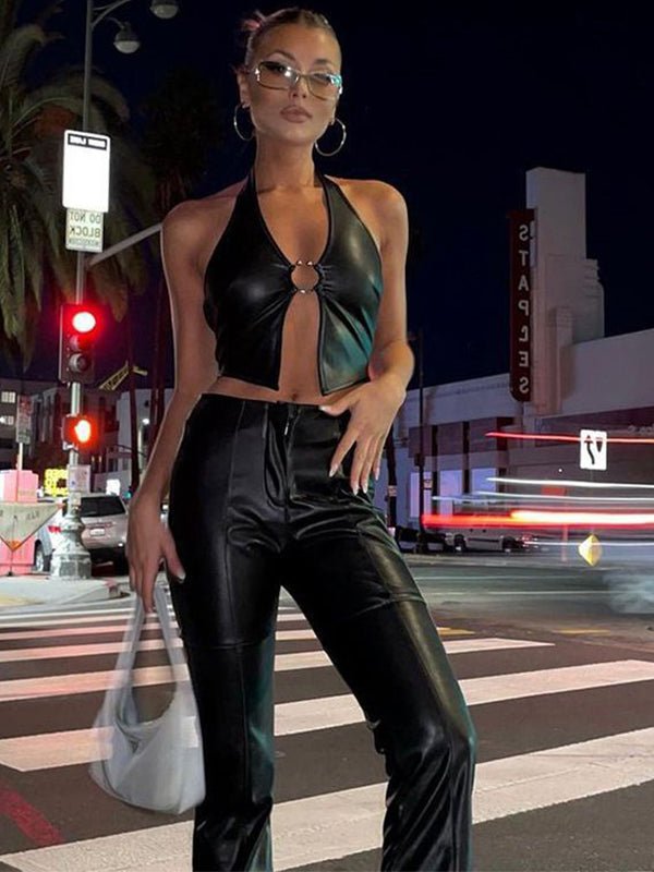 Black halter faux leather backless corset tank top with metal ring hollow-out design, from Lumina Vancouver.