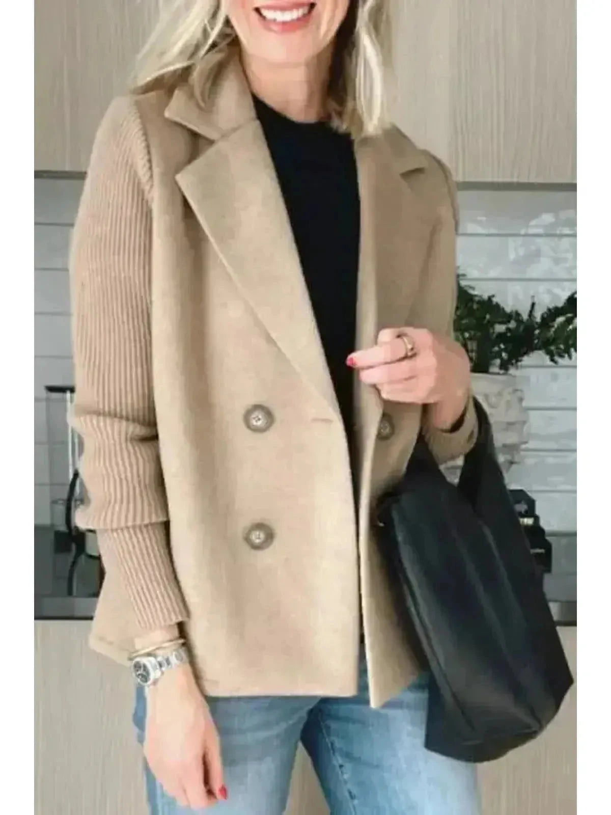 Pink Harper casual coat by Lumina Vancouver featuring button patchwork sleeves and a relaxed, stylish design.