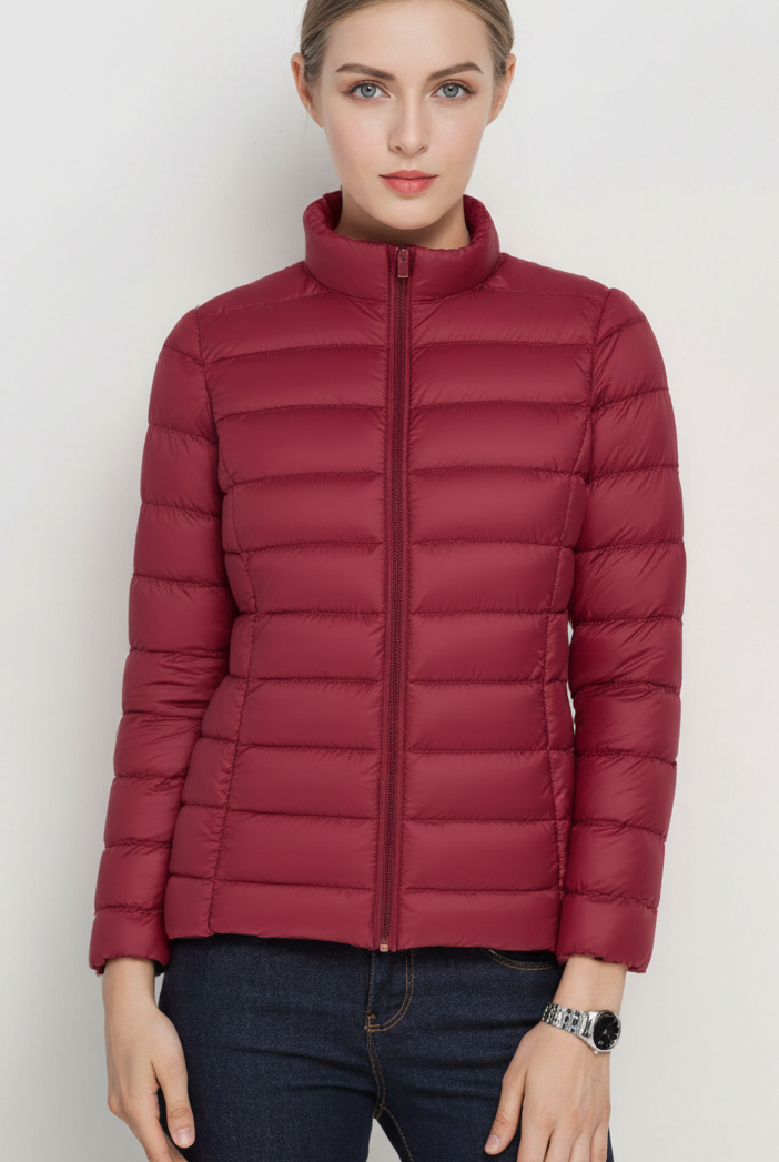 Harriet lightweight black puffer jacket with stand collar by Lumina Wear, shown in XS size with matching color.