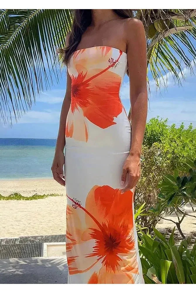 Orange Hawin bandeau summer dress by Lumina Wear, sleeveless and lightweight, perfect for holiday and warm weather occasions.