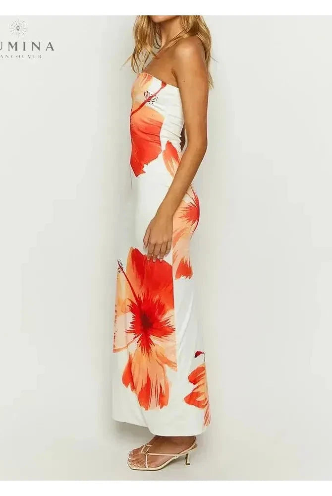 Orange Hawin bandeau summer dress by Lumina Wear, featuring a stylish design perfect for holiday vibes.