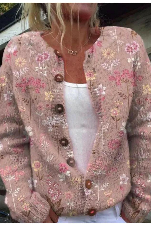 Lumina Wear Hebe elegant floral print cardigan, lightweight knit with long sleeves and button closure, stylish and feminine.