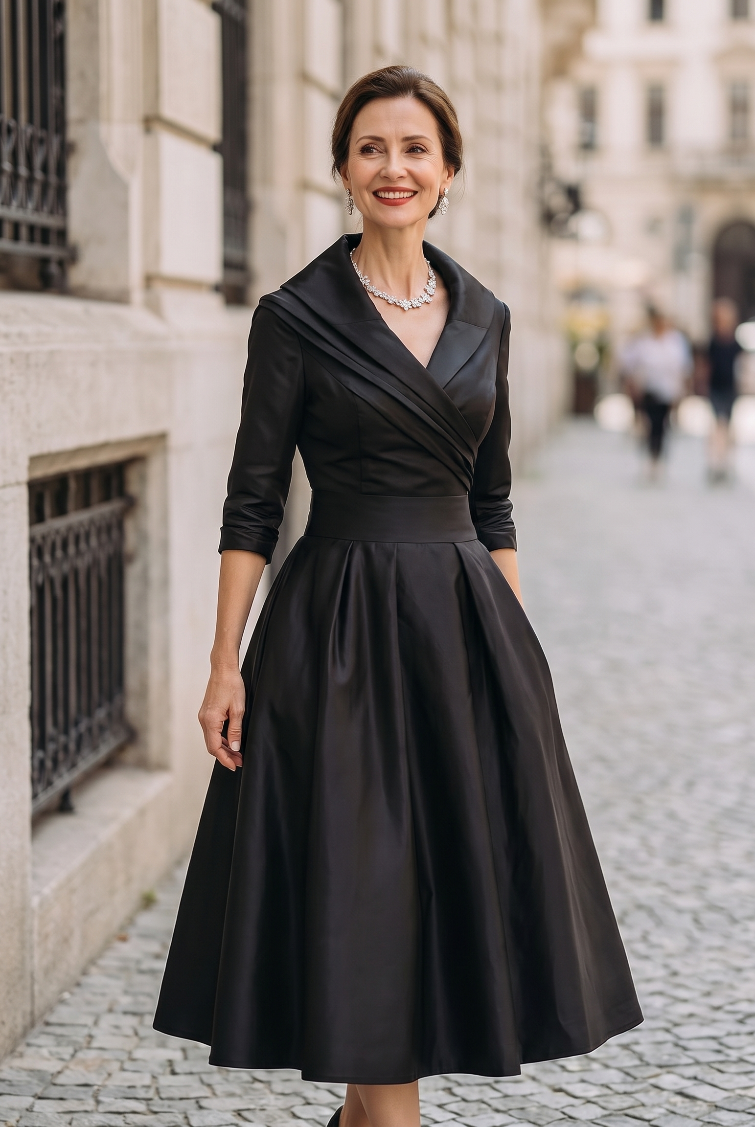 Vintage Aurora Lumina Wear midi dress featuring a flowing fabric, floral pattern, and elegant neckline in a stylish, classic design.
