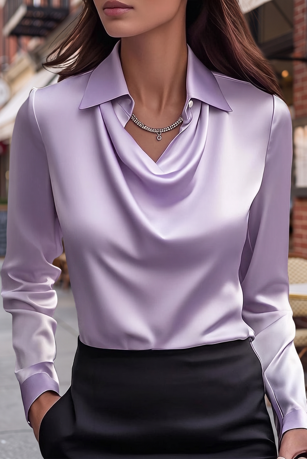 White Delphine blouse by Lumina Wear featuring a draped design and elegant fit, displayed on a hanger.