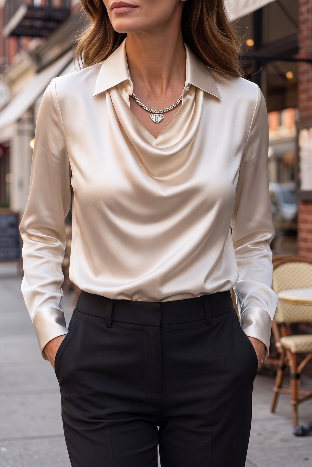 White Delphine blouse by Lumina Wear featuring elegant draped fabric and long sleeves, styled on a mannequin.