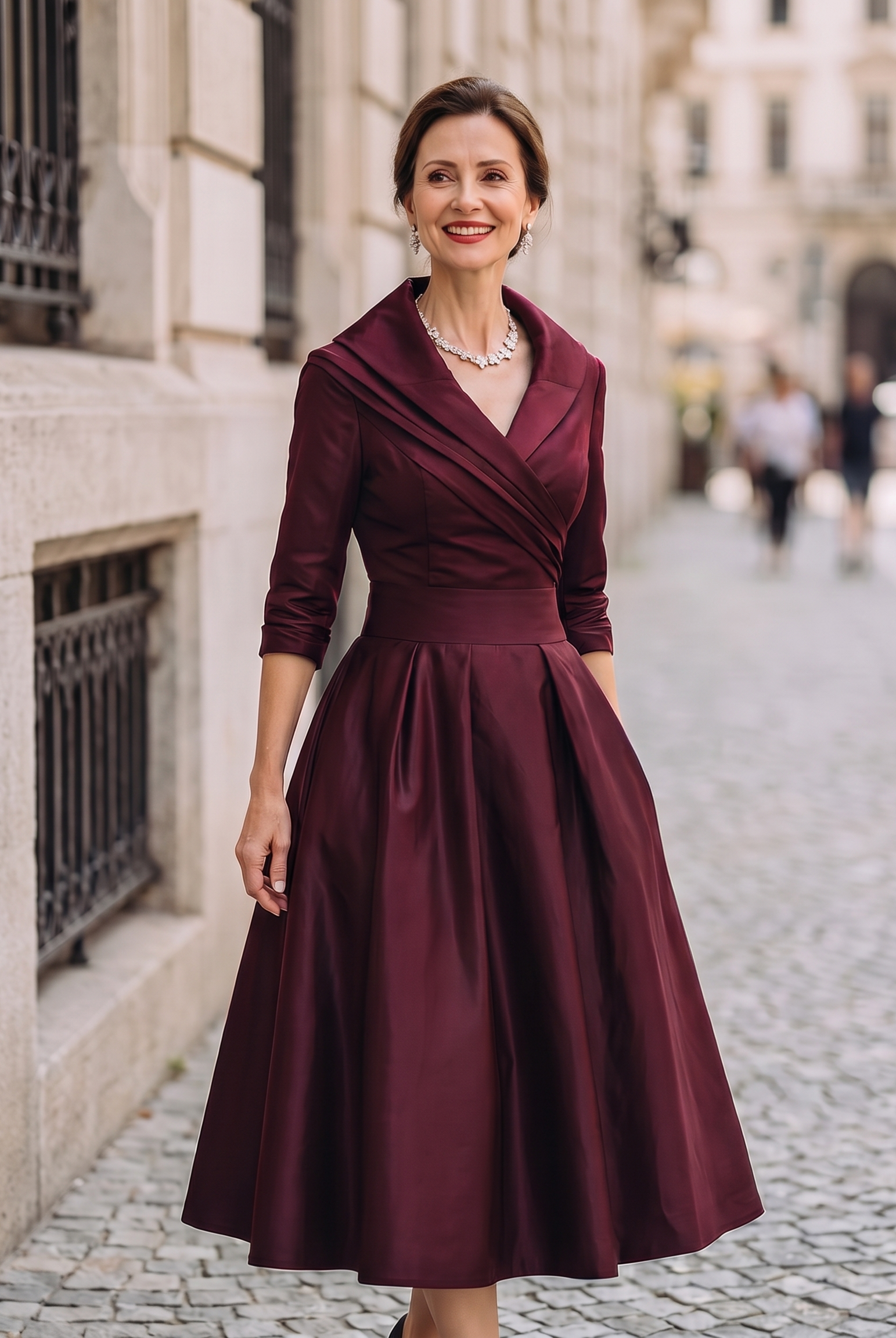 Lumina Wear Aurora vintage midi dress with floral pattern, fitted waist, and elegant neckline, perfect for stylish occasions.
