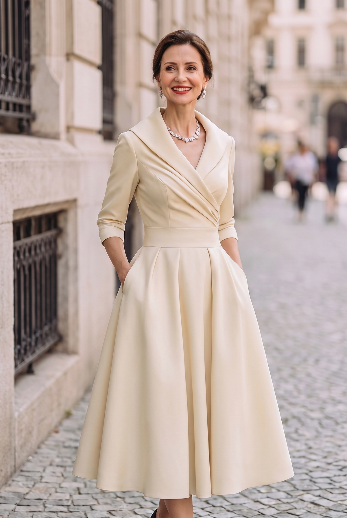 Vintage Aurora Midi Dress by Lumina Wear displayed on a hanger, featuring a flowing fabric and elegant design.